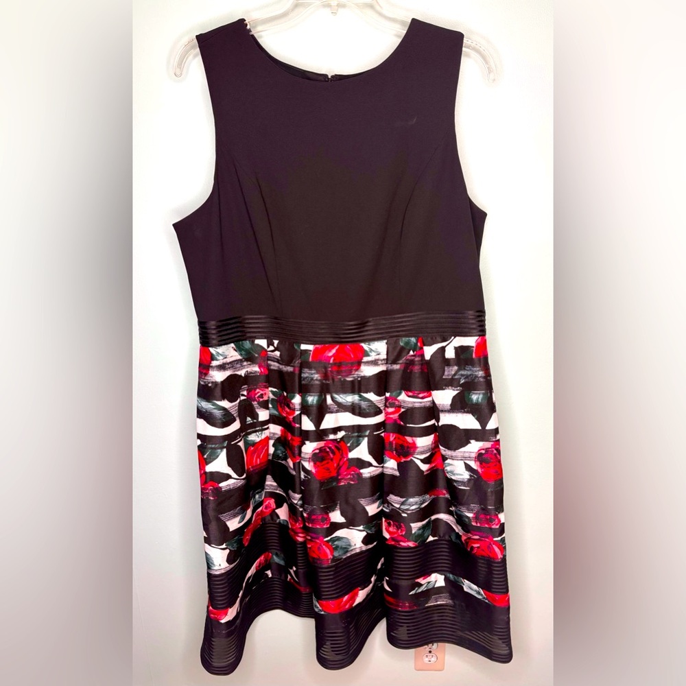 🌹 Luxe by Carmen Marc Valvo Black & White Rose Print Sleeveless Dress sz 18W 🌹